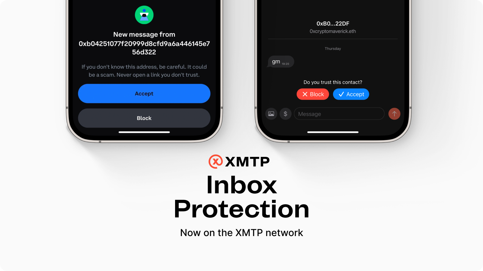 XMTP Inbox Protection illustrated using contact Accept and Block buttons in mobile apps