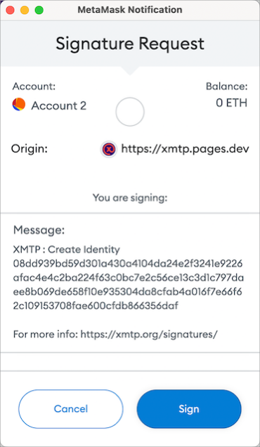 MetaMask wallet browser extension Signature Request window showing an &quot;XMTP: Create Identity&quot; message