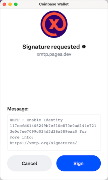 Coinbase browser extension Signature requested window showing an &quot;XMTP: Enable Identity&quot; message